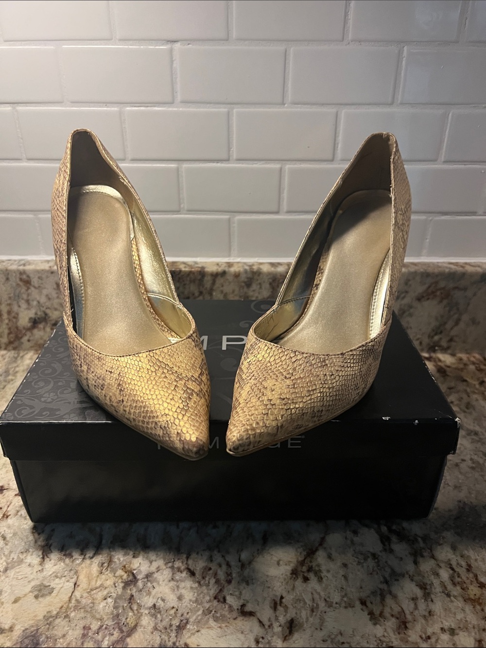 Rampage Gold Snake-Print Pointed Toe Pumps